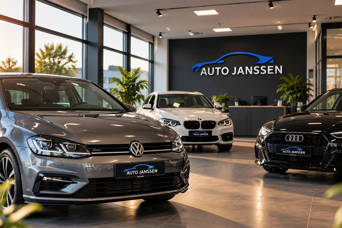 Gebrauchtwagen im Verkaufsraum von Auto Janssen, an der Wand das Firmenlogo