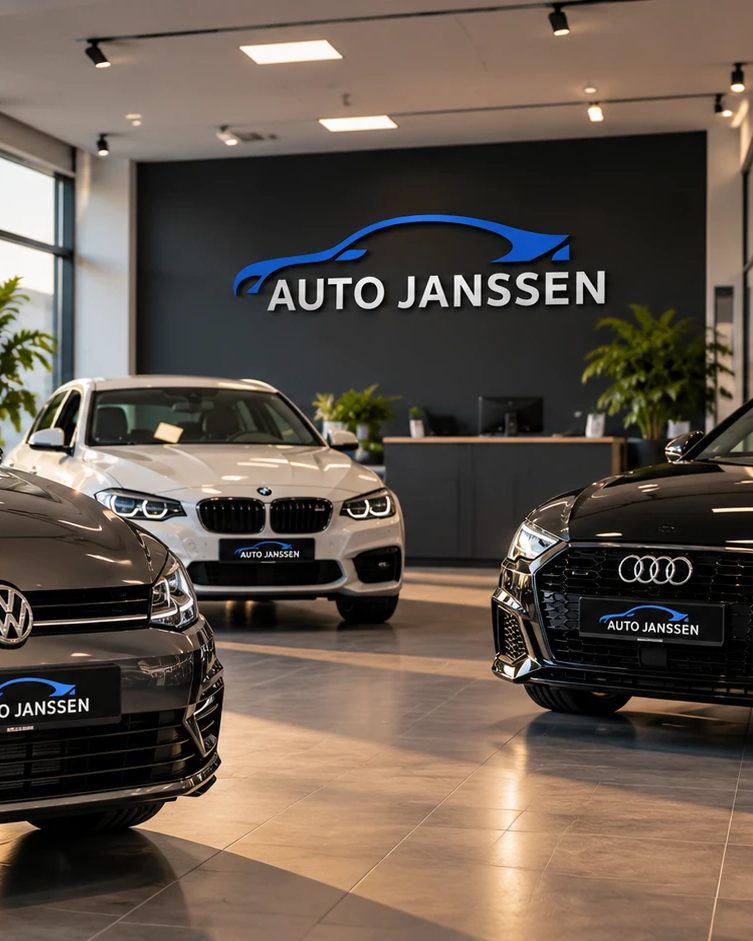 Verkaufsraum von Auto Janssen mit Gebrauchtwagen, an der Wand das Firmenlogo