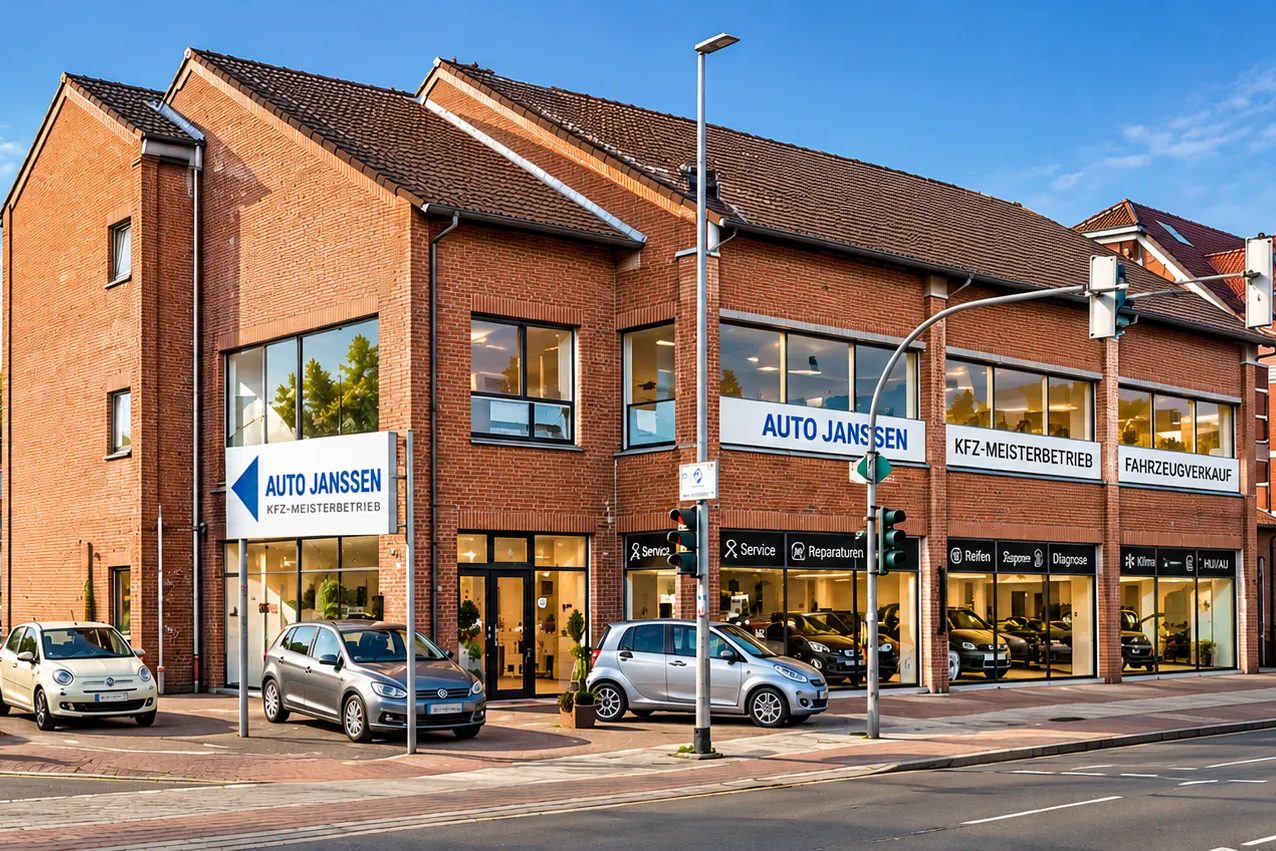 Werkstattgebäude von Auto Janssen aus rotem Klinker mit Schildern „Auto Janssen“, „Kfz-Meisterbetrieb“ und „Fahrzeugverkauf“, davor parkende Autos