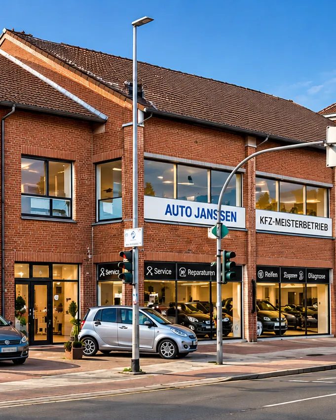 Gebäude von Auto Janssen in der Bahnhofstraße mit den Schildern „Auto Janssen“ und „Kfz-Meisterbetrieb“